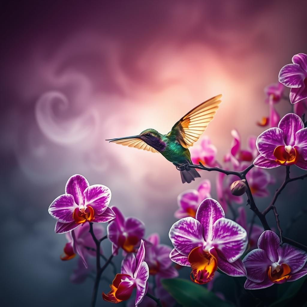 Hummingbird in Veiled Sky with Orchids, Hyperrealistic Art