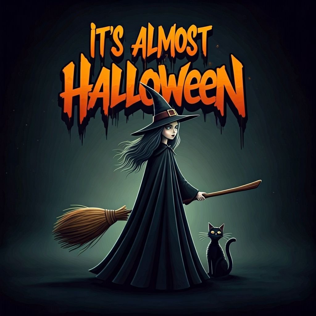 Witch with Broom and Cat, "It's Almost Halloween"