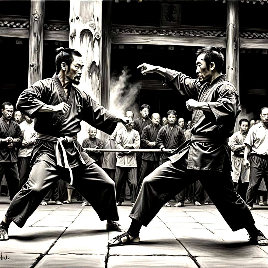 Hyperdetailed Charcoal Drawing of a Kung Fu Match
