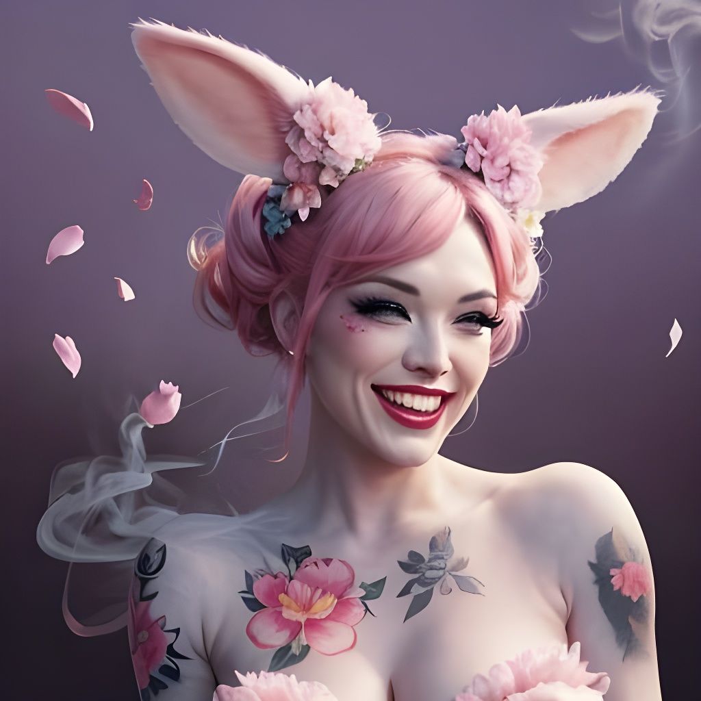 Laughing Pinup Model with Floral Tattoos and Bunny Ears