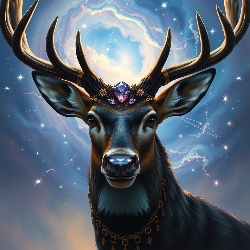 Hyperrealistic Stag in Celestial Glow, with Nebula and Jewel...