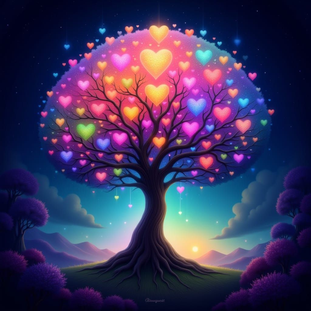 Chibi Tree of Life with Rainbow Heart Leaves