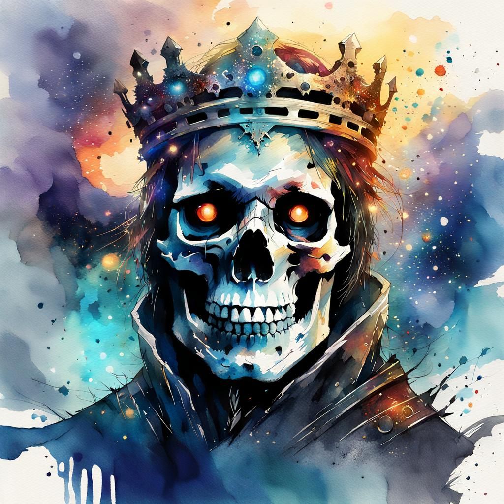 Undead King in Dark Cave: Digital Watercolor Art