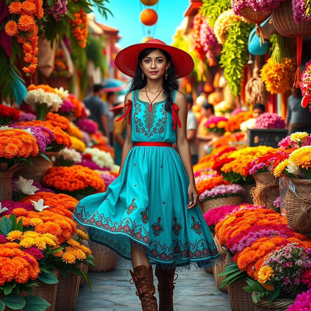 Vibrant Flower Market Portrait in a Splash Art Style
