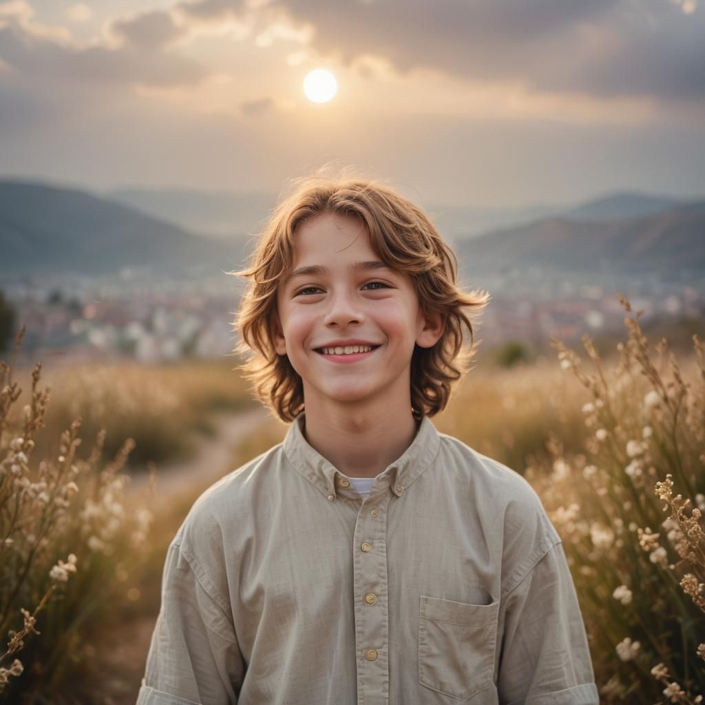 Serene Portrait of Boy in Heaven with Golden Light