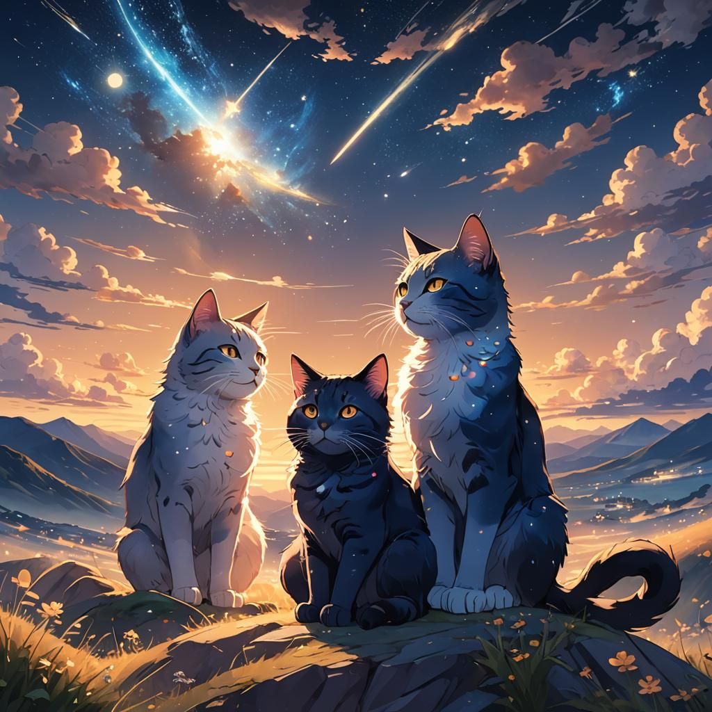 Celestial Cats in Anime Style Concept Art