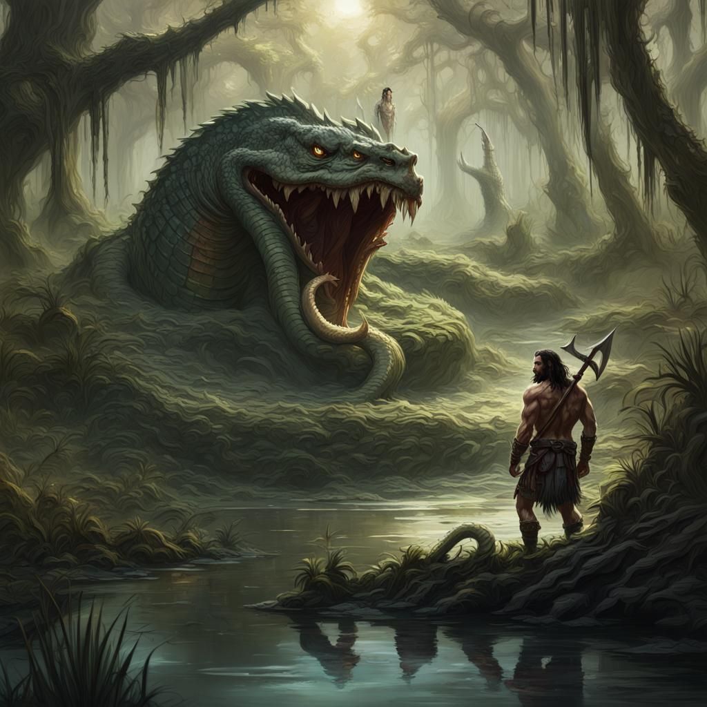 Barbarian's Surprise: Swamp Serpent Encounter in Digital Art