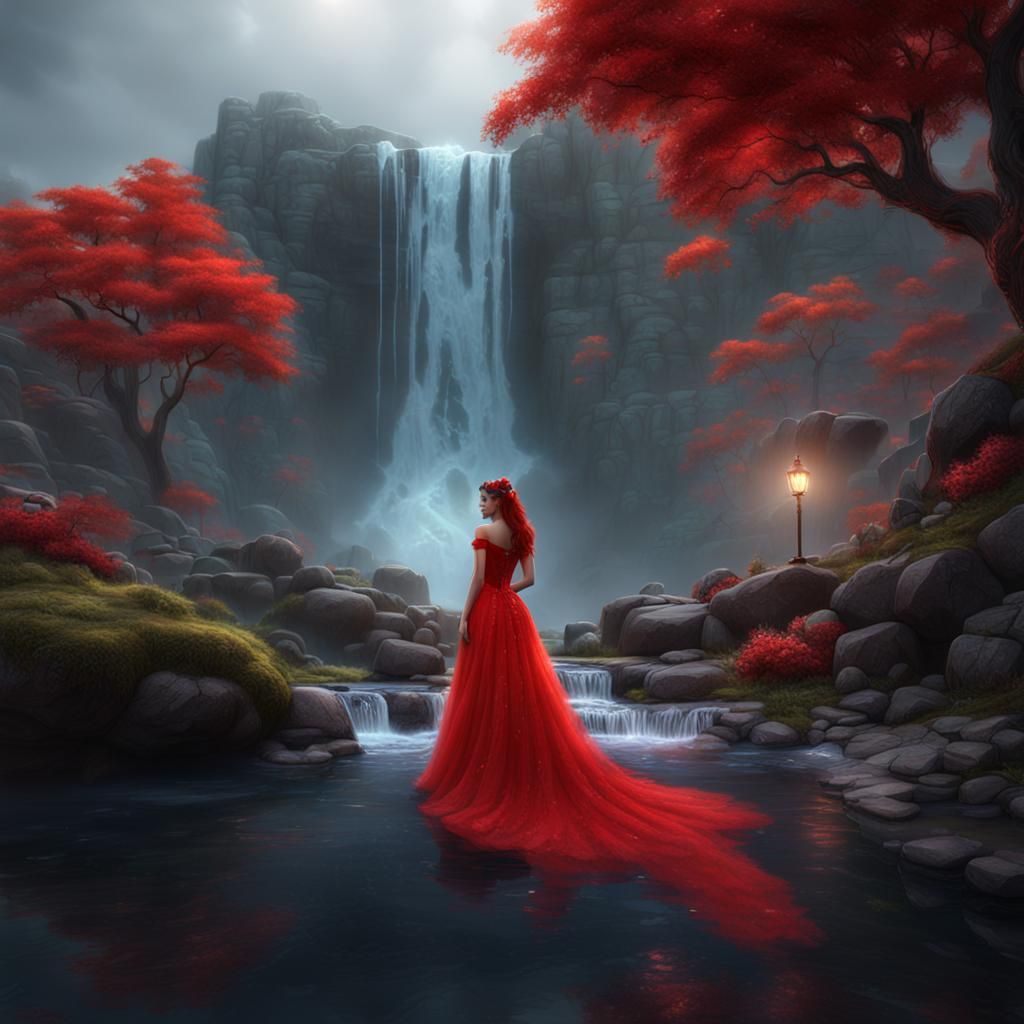 Ariel in Red Wedding Dress by Waterfall, Fantasy Art