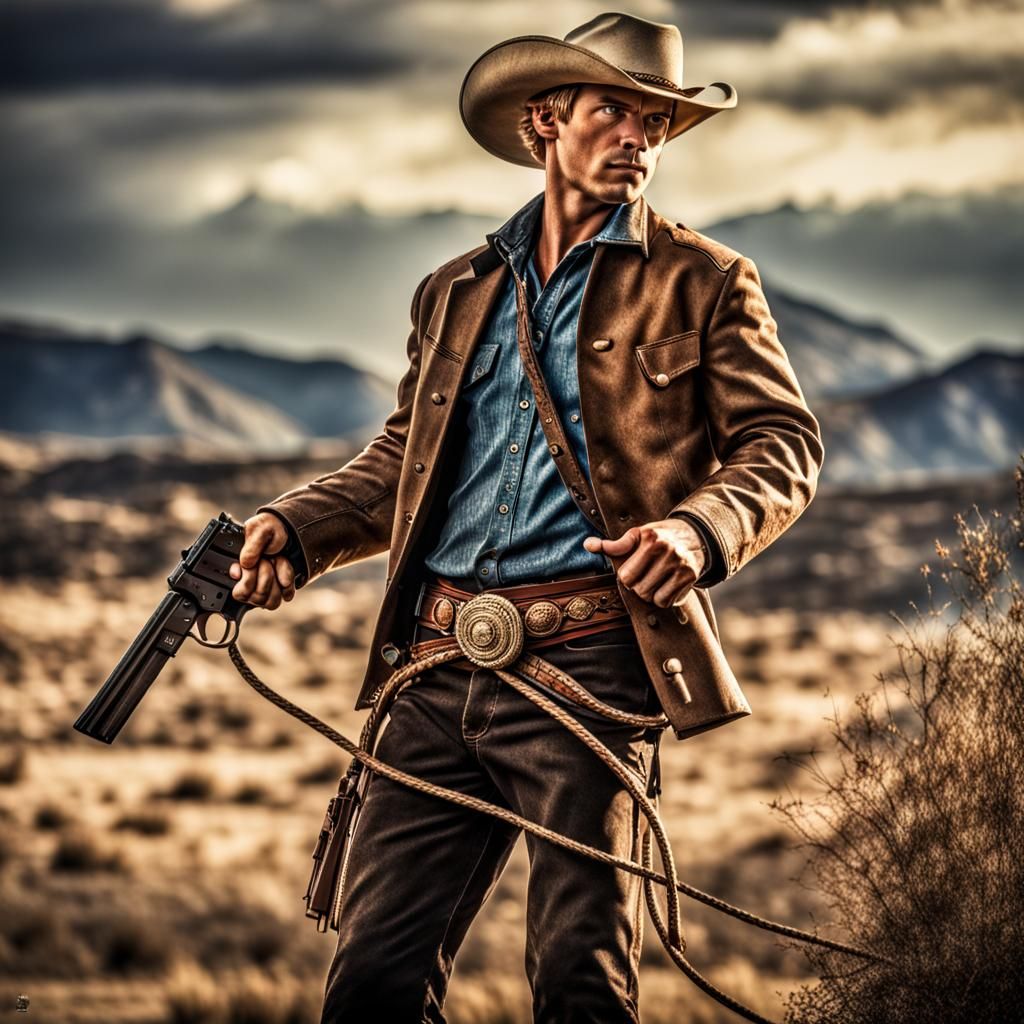 Young Cowboy with Pistol and Lasso in HDR