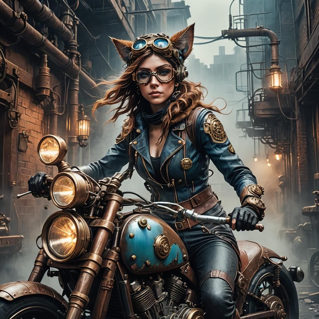 Steampunk Cat-Girl Rides Engine Motorcycle