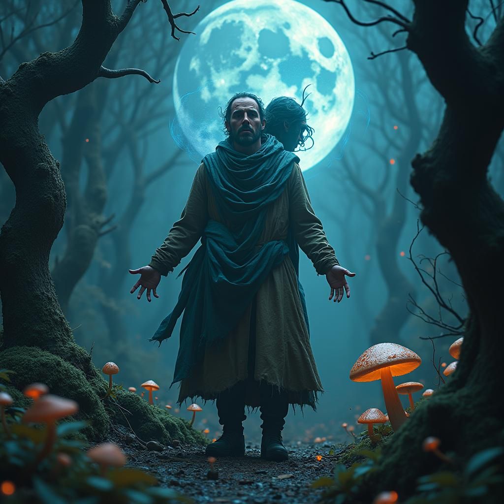 Distressed Man Merged with Doppelganger in Mystic Forest