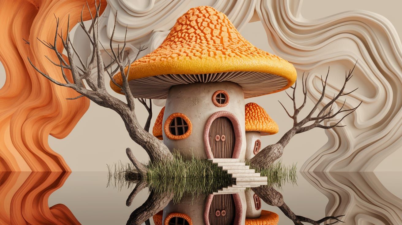 Fantasy Mushroom Abode in Vibrant Orange Hues