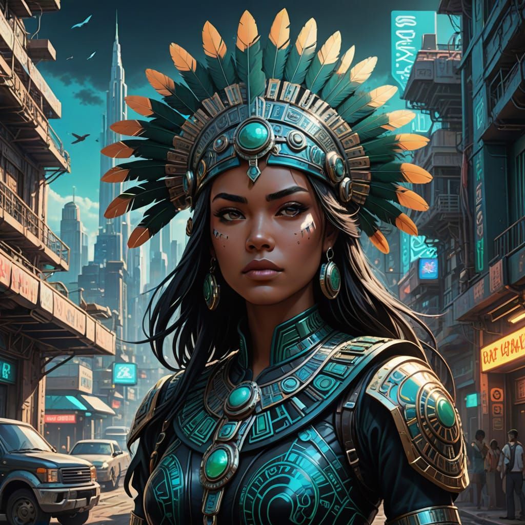 Vibrant Aztec Goddess in Futuristic Cityscape