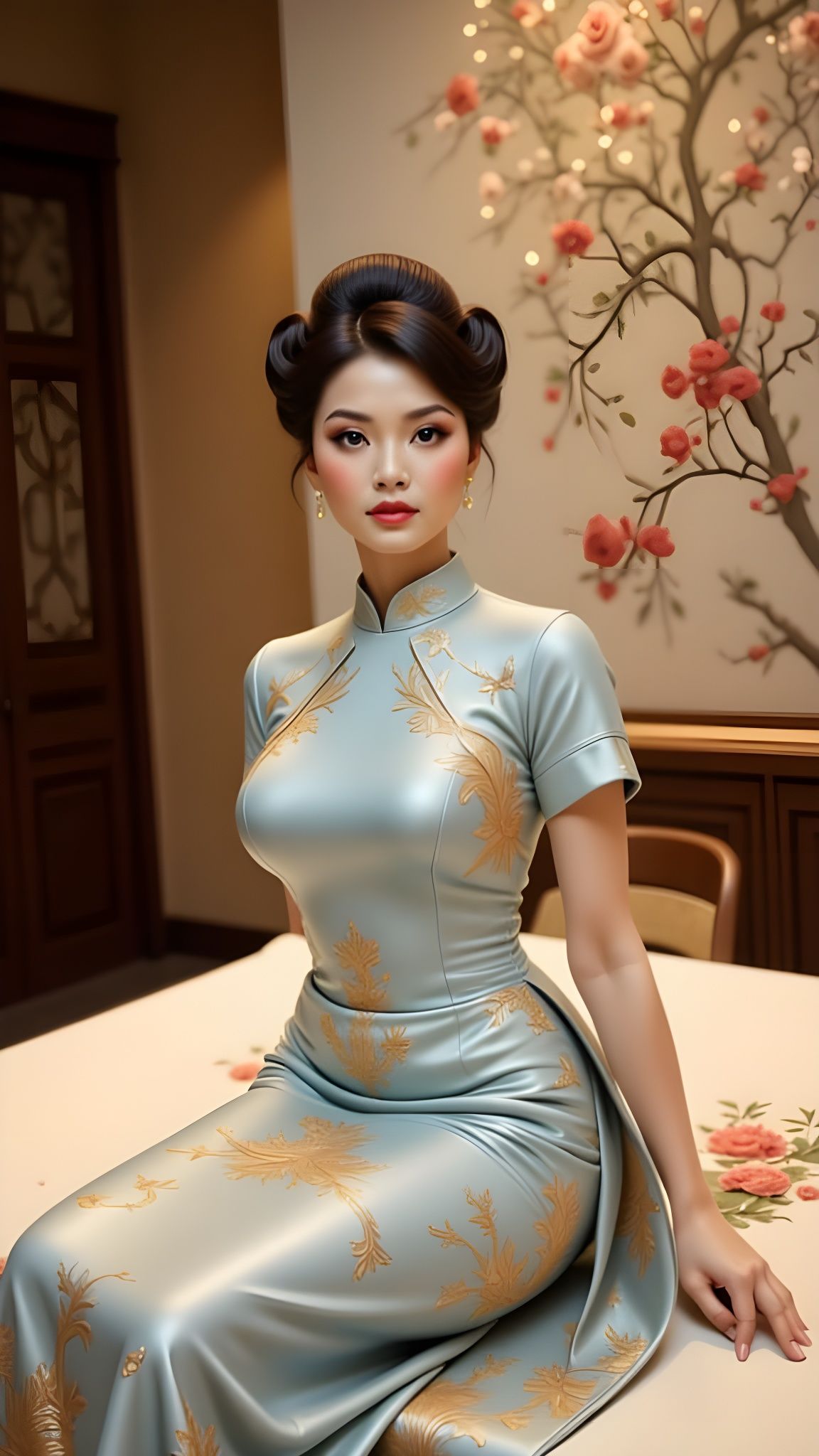 Elegant Asian Woman in Blue Qipao Dress
