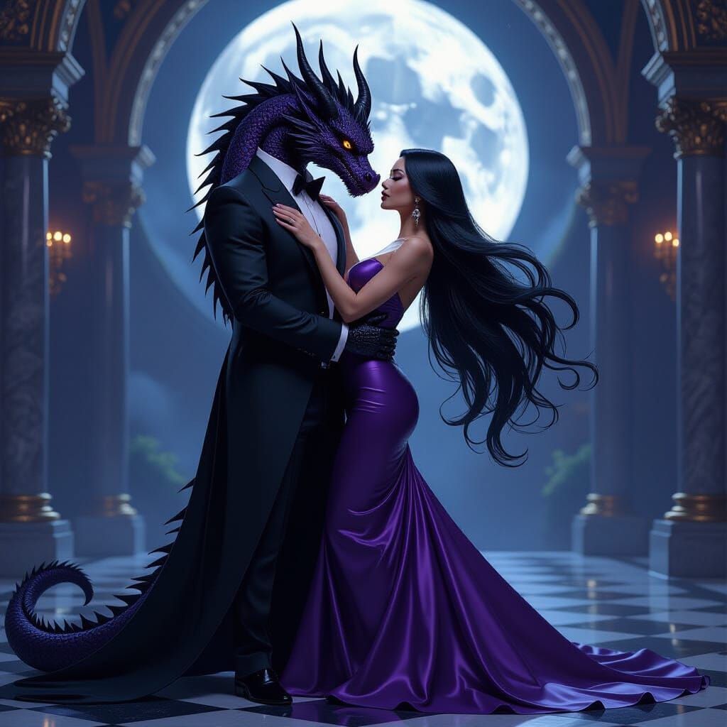 Dragon in Suit Hugs Woman in Moonlit Ballroom