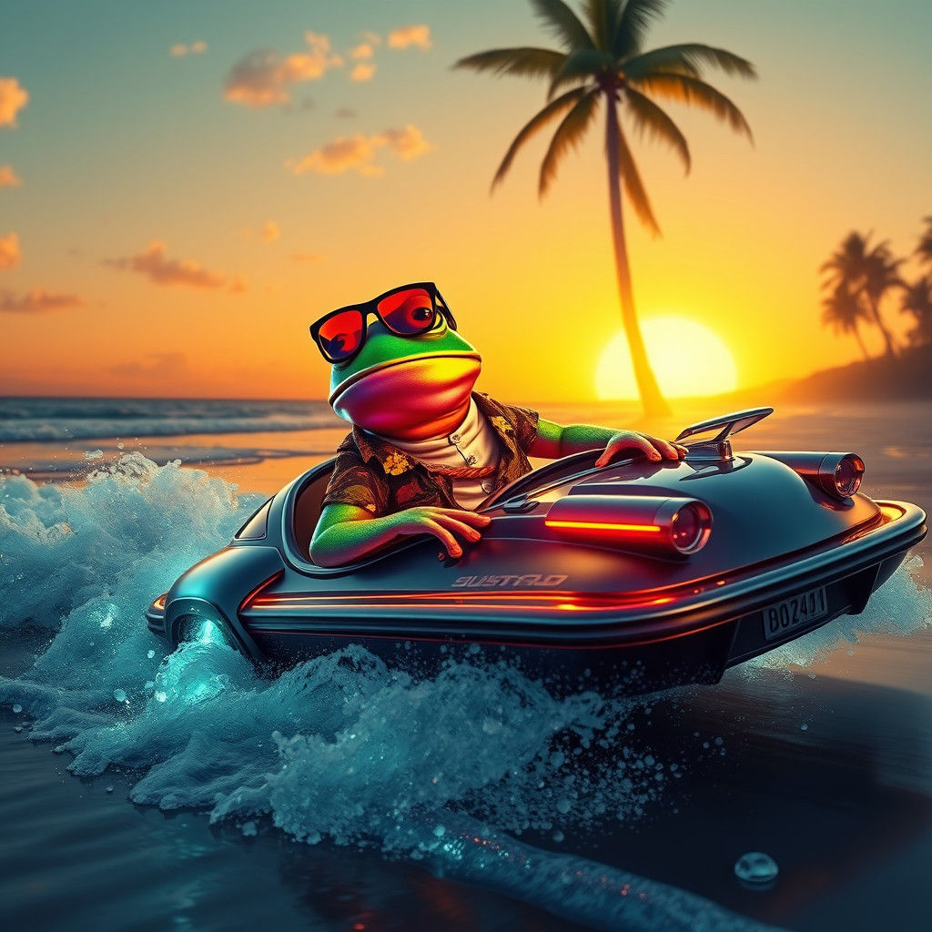 Iridescent Frog Cruising in Low Rider on Beach