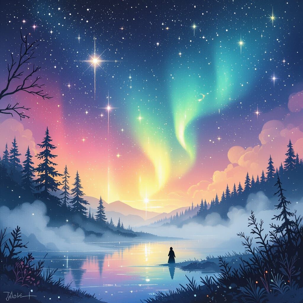 Whimsical Fantasy Scene with Aurora Lights