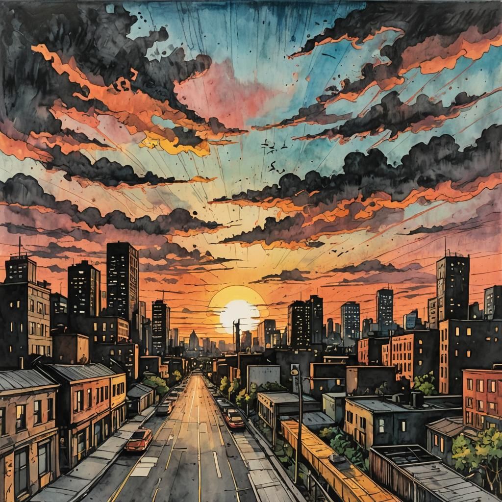 Urban Sunset in Mixed Media Art