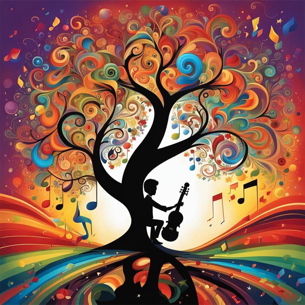 Musician and Tree of Life Metaphor in Vibrant Colors