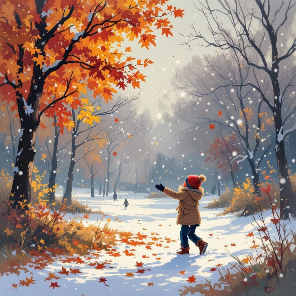 Child's Wonder: Autumn Park Meets First Snowfall