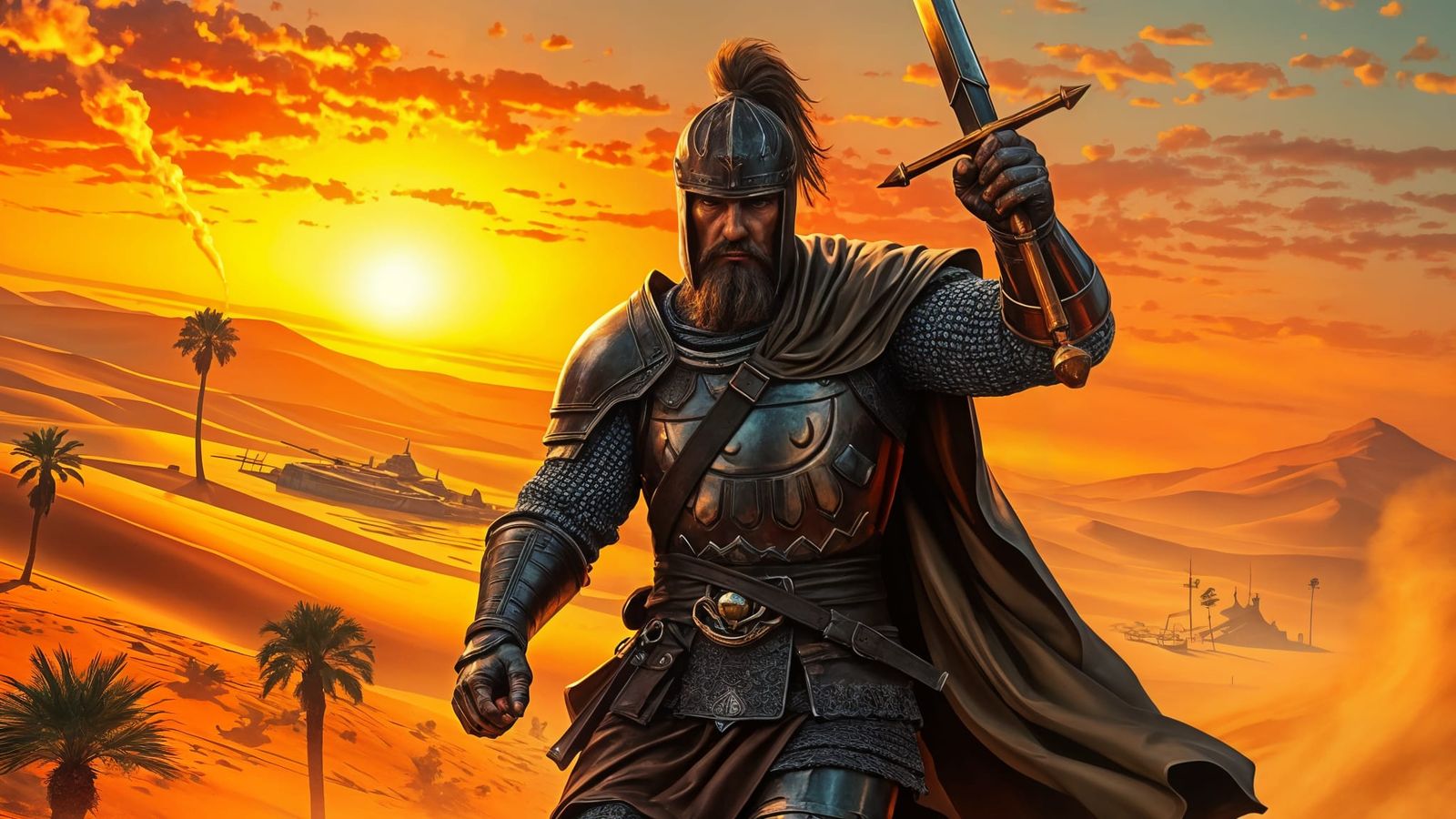 Crusader Knight in Epic Fantasy Desert Sunset