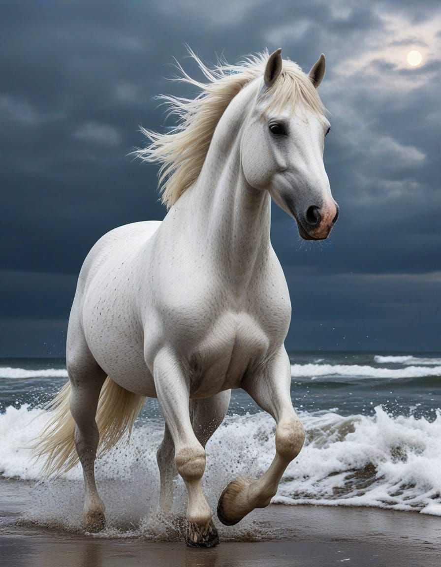 Majestic White Stallion Gallops Across Midnight Beach Under ...