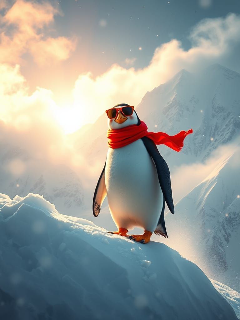 Surreal Penguin Surfs Snow Avalanche in Vibrant Red
