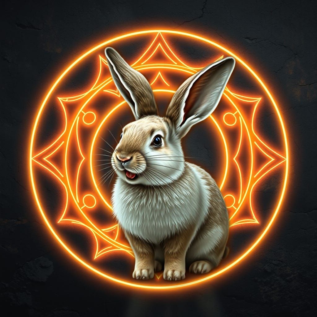 Rabbit and Glowing Symbol in Surreal Digital Art