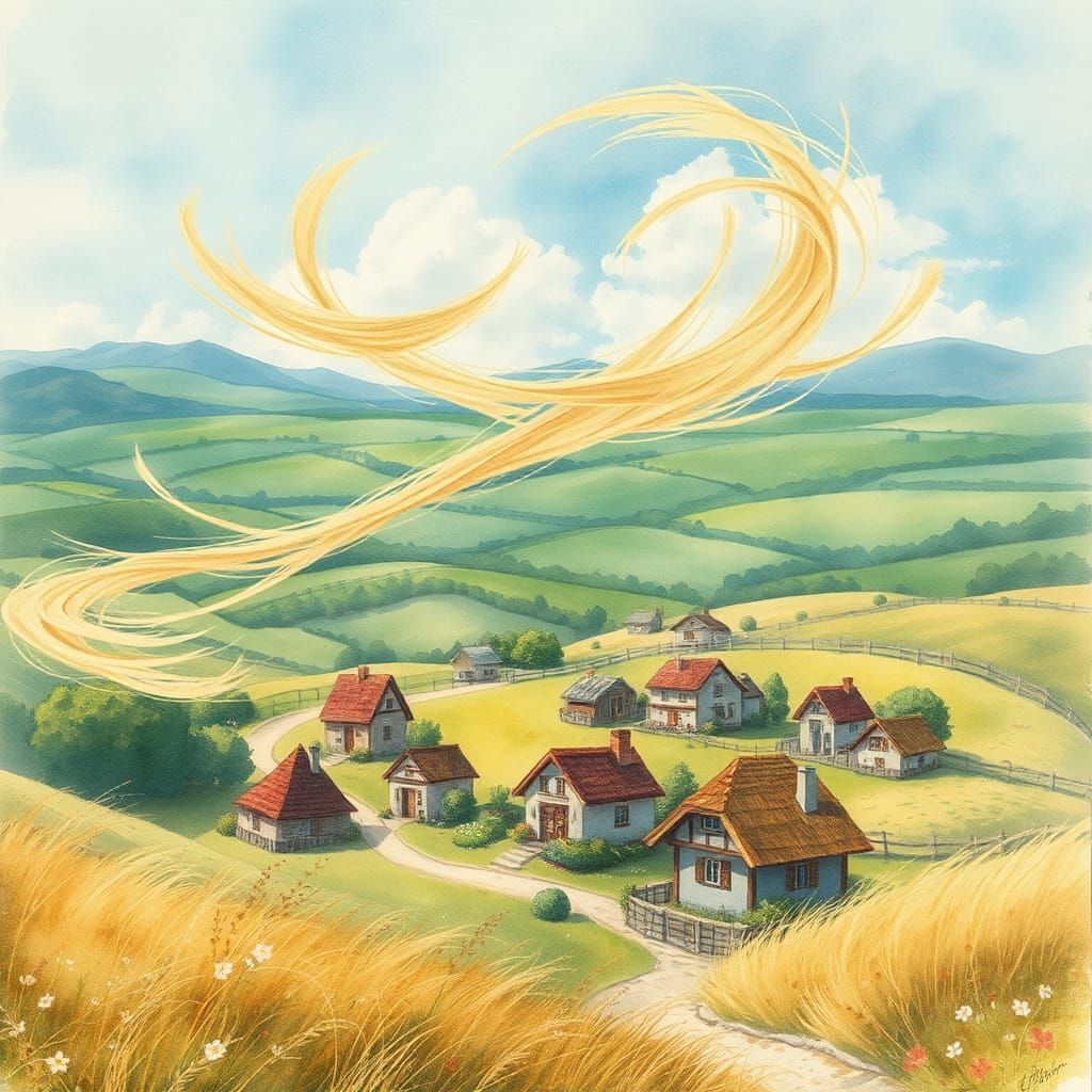 Dreamy Rural Landscape in Watercolor Style