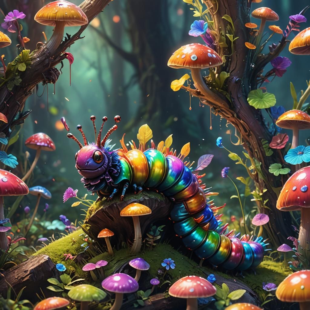 Rainbow Caterpillar on Mushroom: Fantasy Art