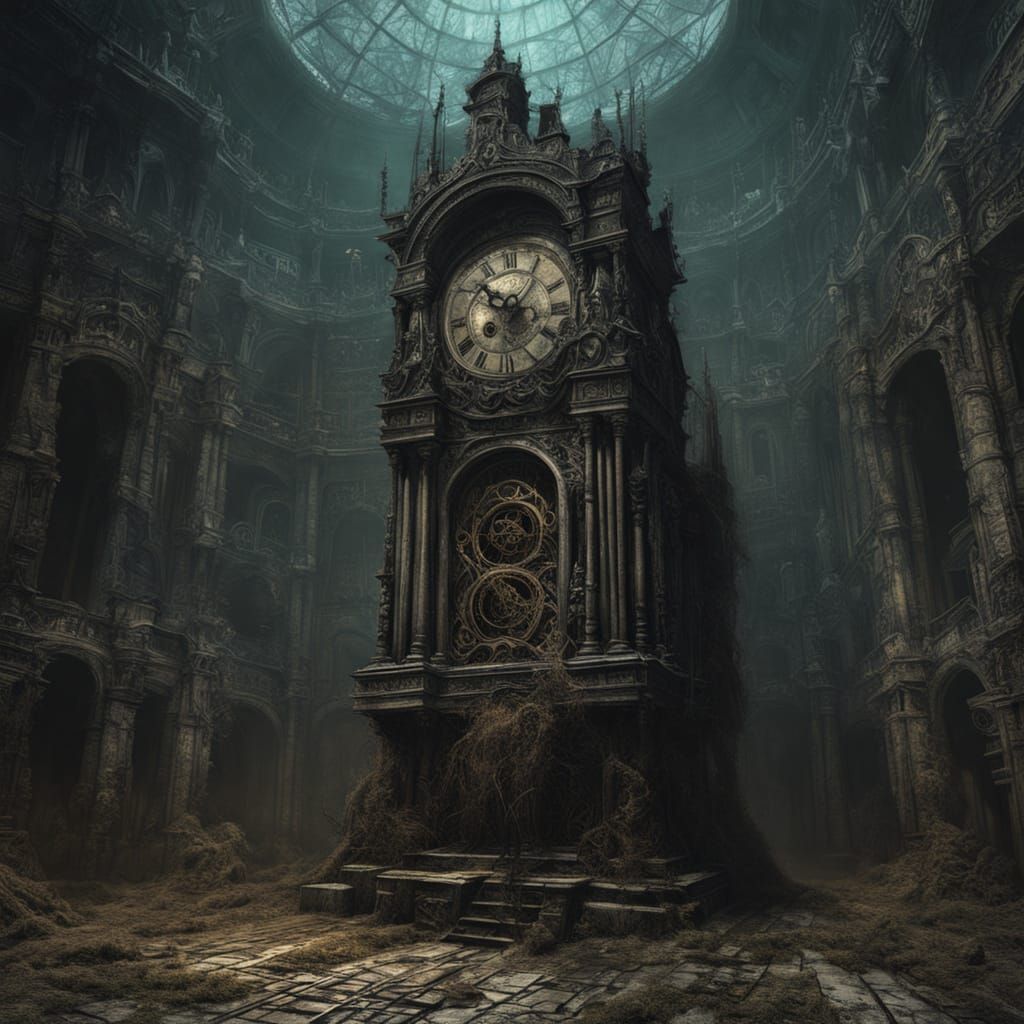 Gothic Grandfather Clock Made of Spiderwebs in Swirling Void