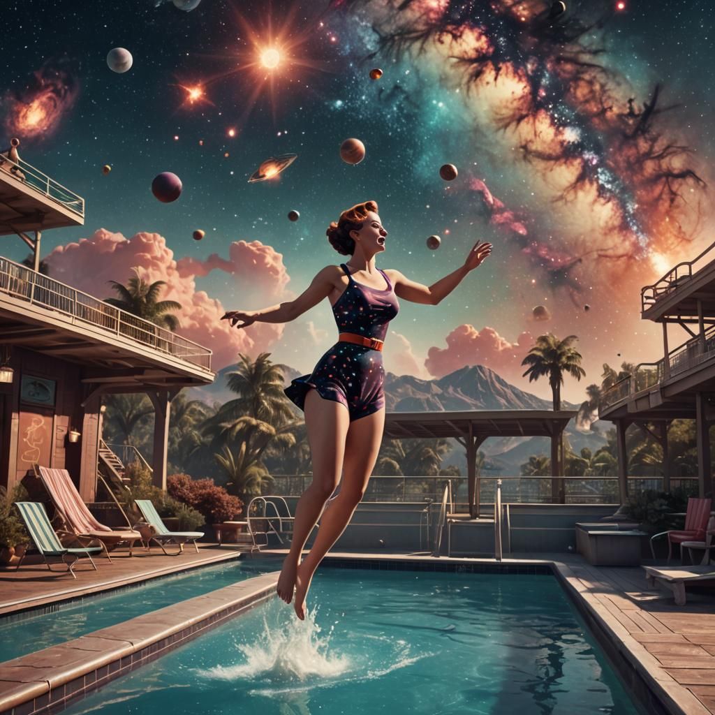 Woman Jumps into Galaxy: Detailed Digital Art