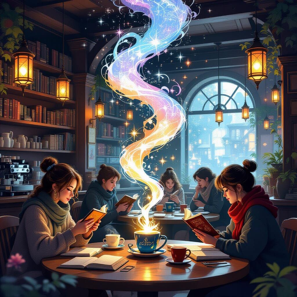 Enchanted Cafe Interior with Constellation Steam and Glowing...