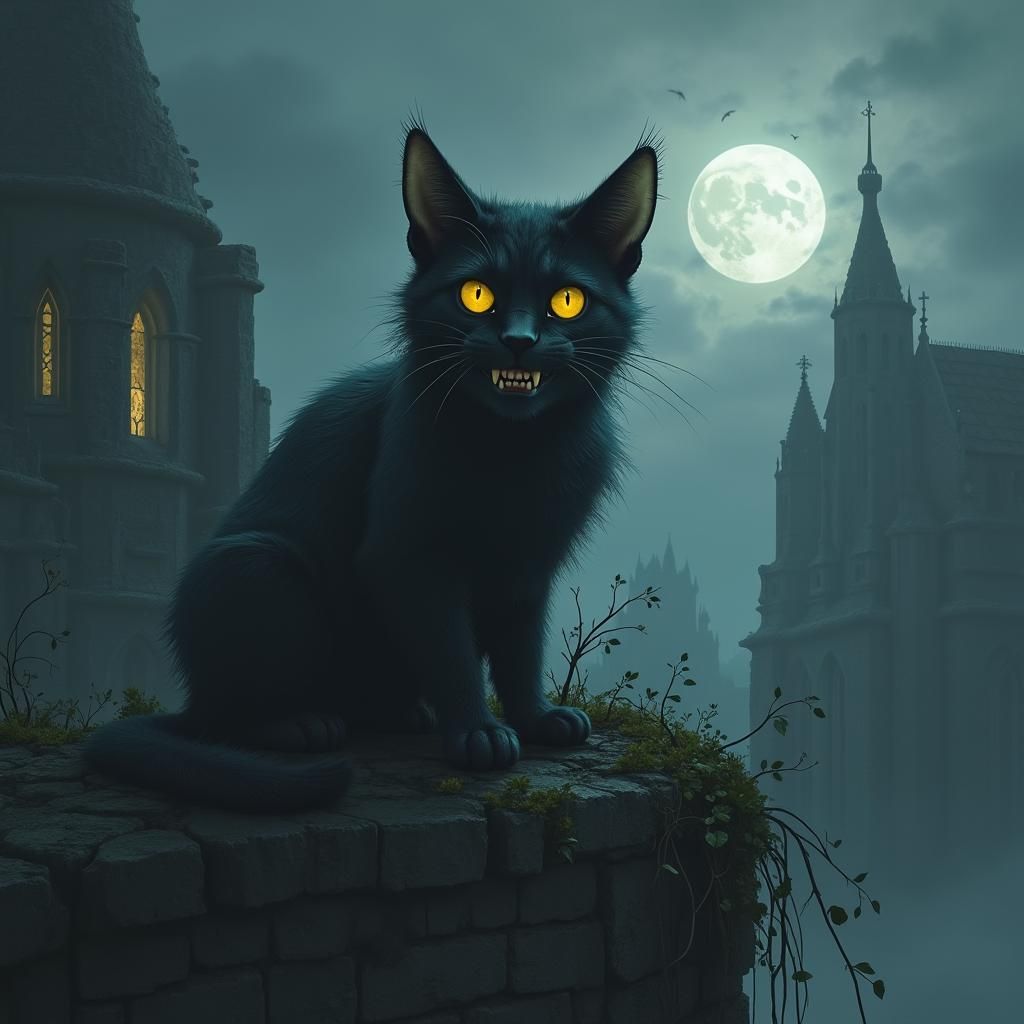 Gothic Black Cat Cathedral Perched in Moonlit Mist
