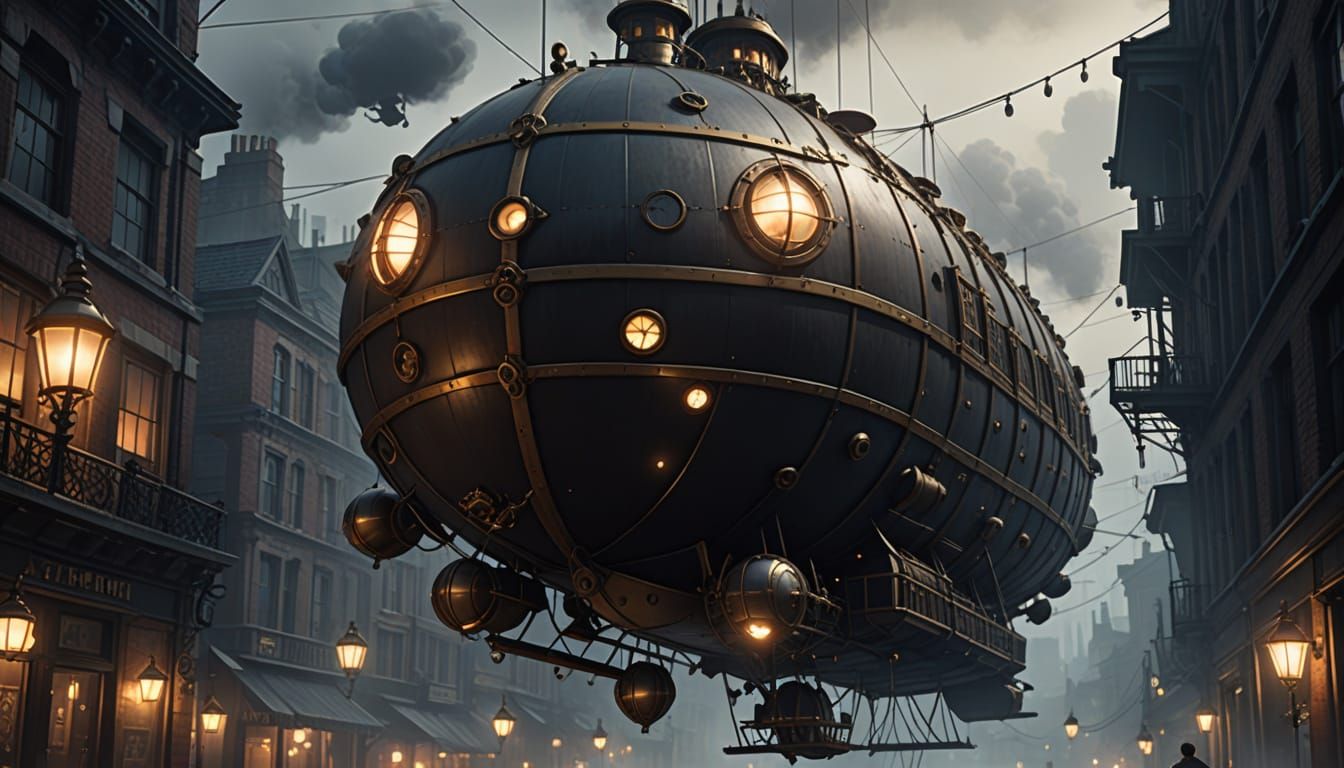Steampunk Airship Over Foggy London in Anime Style