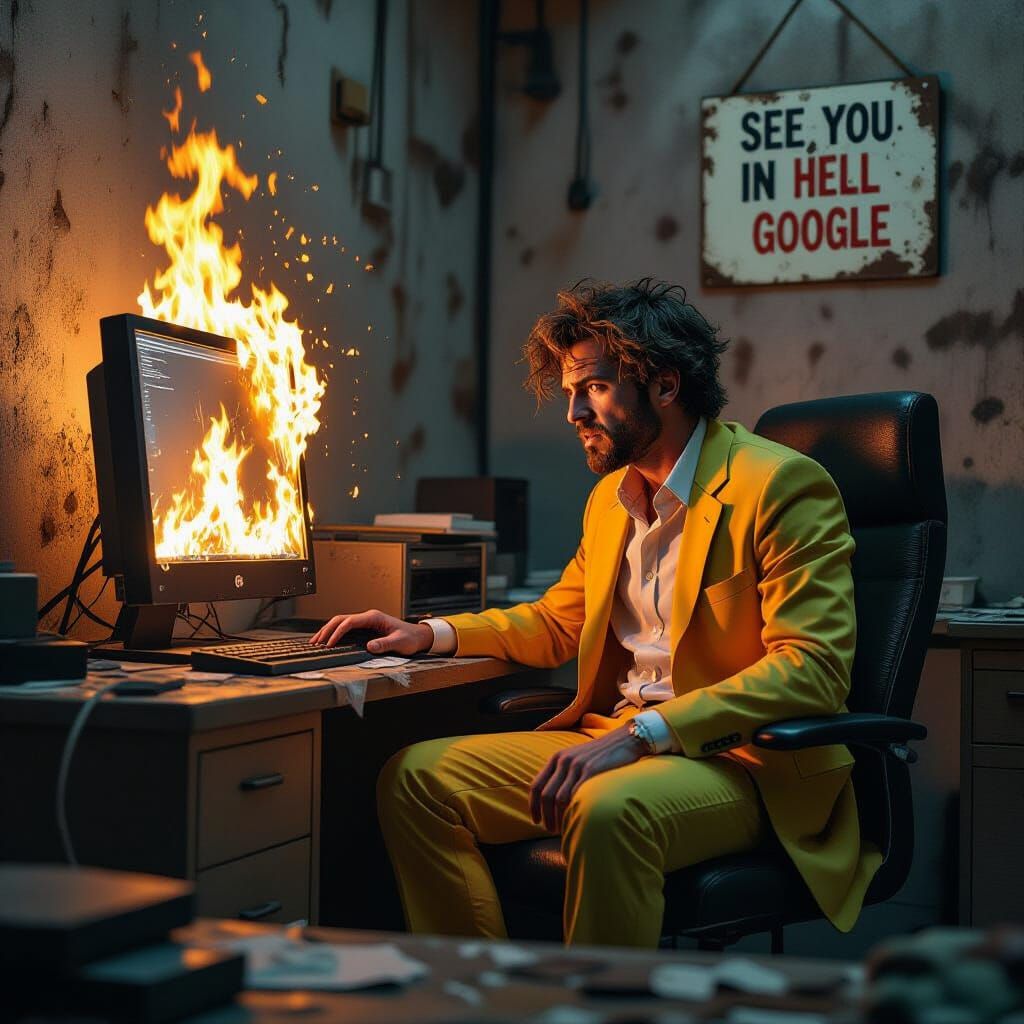 Dystopian Meltdown: Man and Burning PC in Gritty Style
