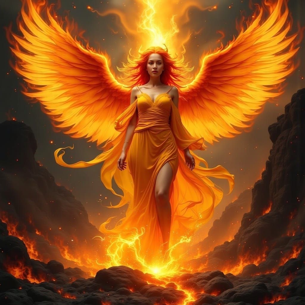 Radiant Phoenix Demon Woman in Volcanic Lair