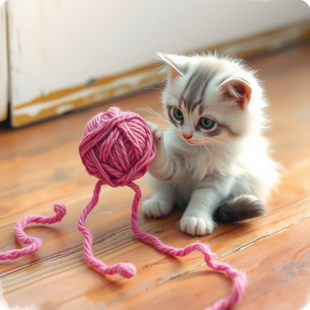 Cat with Wool in Watercolor Style