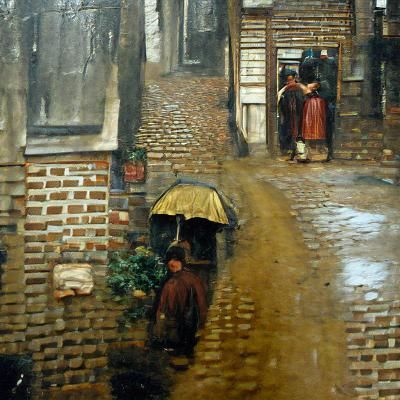 Rainy Brussels Street Scene: 19th Century Oil Painting