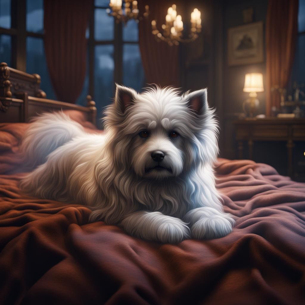 Realistic Fluffy Dog on Bed: Detailed Matte Painting