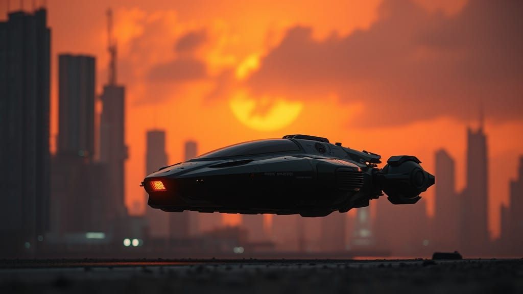 Epic Cyberpunk Hover-Speeder in Stormy Futuristic Cityscape