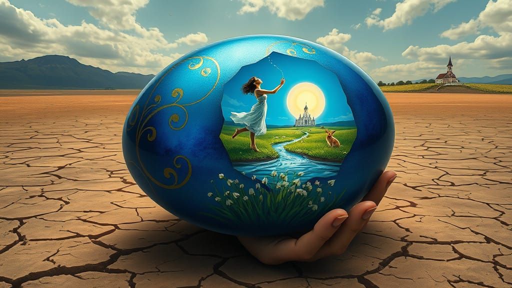 Iridescent Easter Egg Oasis in a Barren Expanse