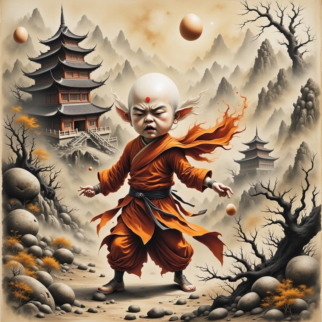 Angry Egg and Shaolin Monk in Ink Painting Style