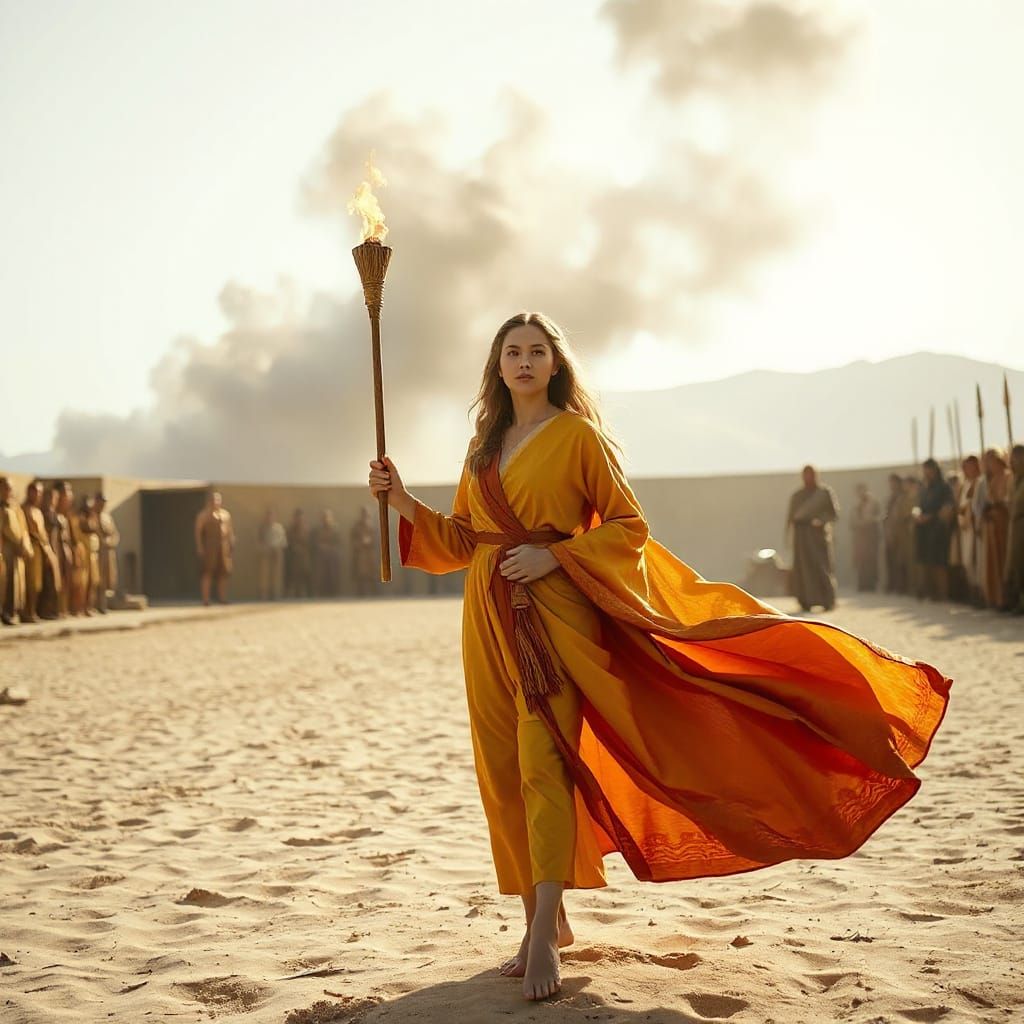 A Young Woman Holds a Steady Torch in a Desert Arena