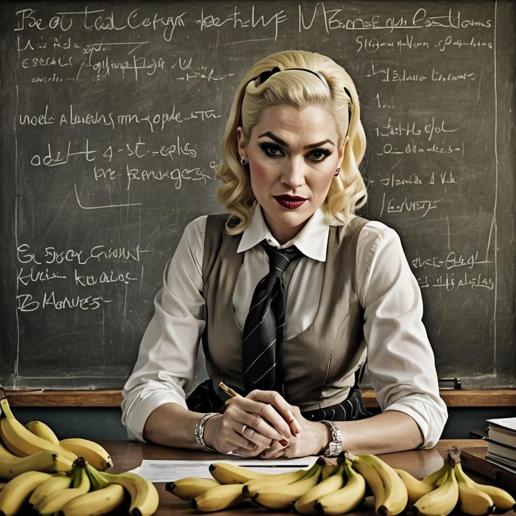 Gwen Stefani as a very professional and serious school teacher, teaching your children how to spell "bananas."