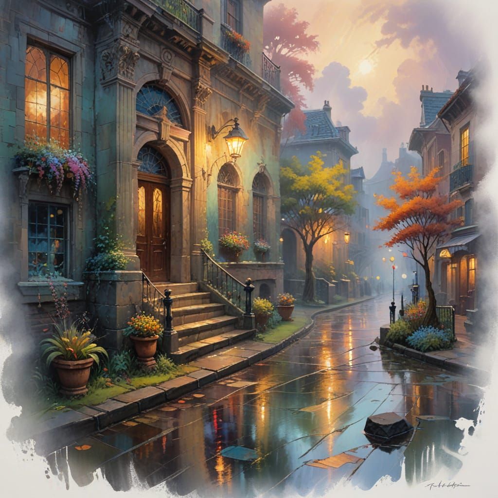 Urban Ruins in Rain: Impressionist Gouache Painting