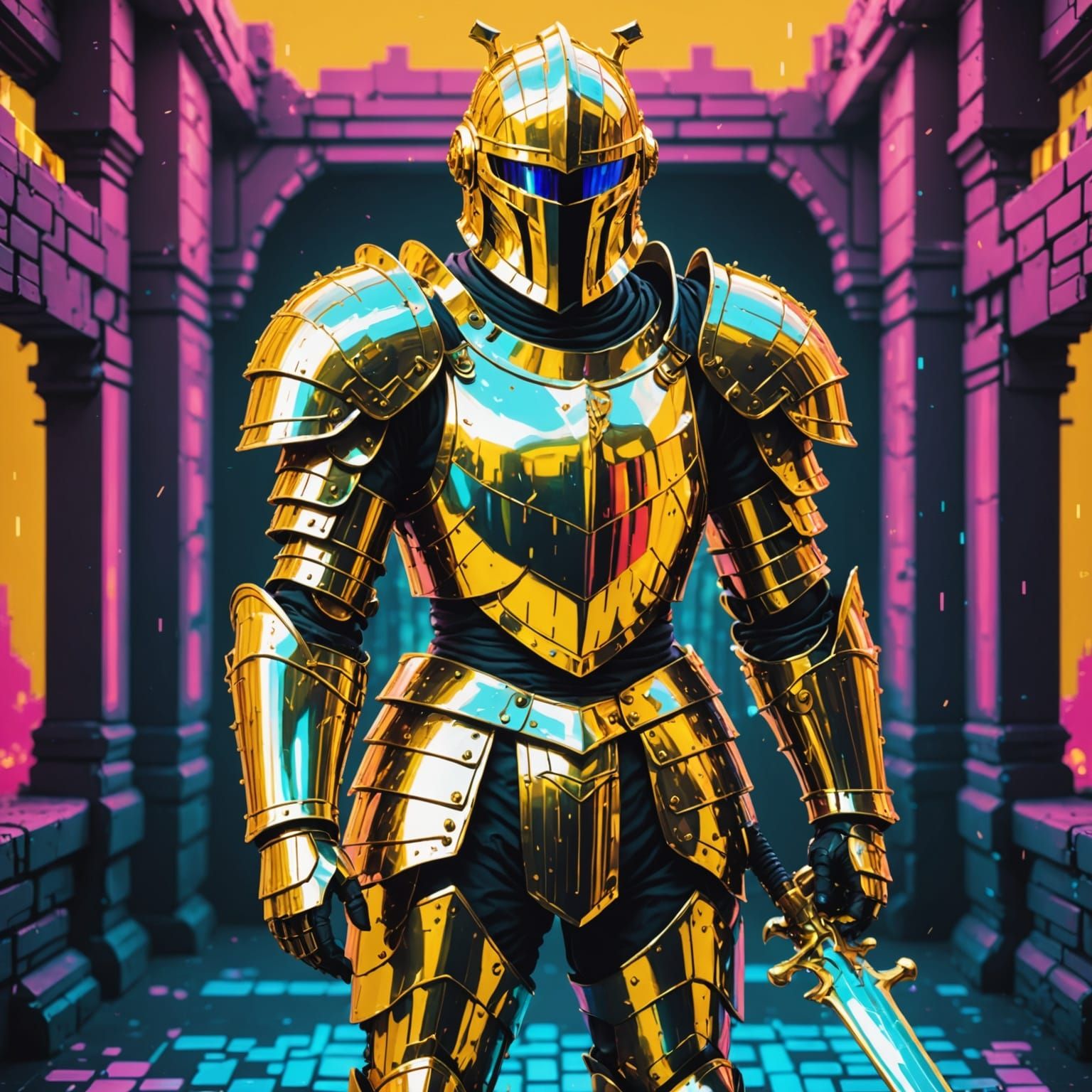 A 8-Bit Knight in Glowing Golden Armor, Glitching in a Holog...