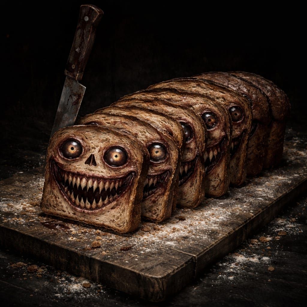 Surreal Horror Art of Sliced Bread with Creepy Faces