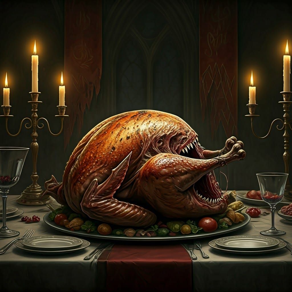 Macabre Feast: Turkey with Razor Teeth in Doré Style