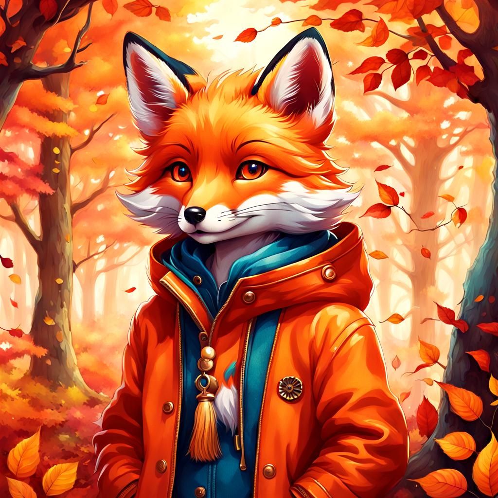 Cute Chibi Fox in Autumn: Anime-Style Portrait